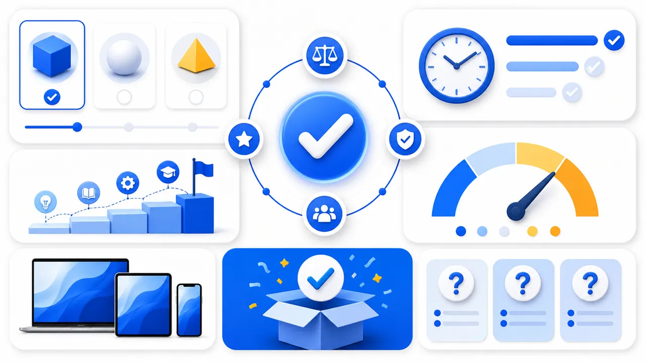 Visual buyer checklist with time, budget, learning curve, device and question indicators