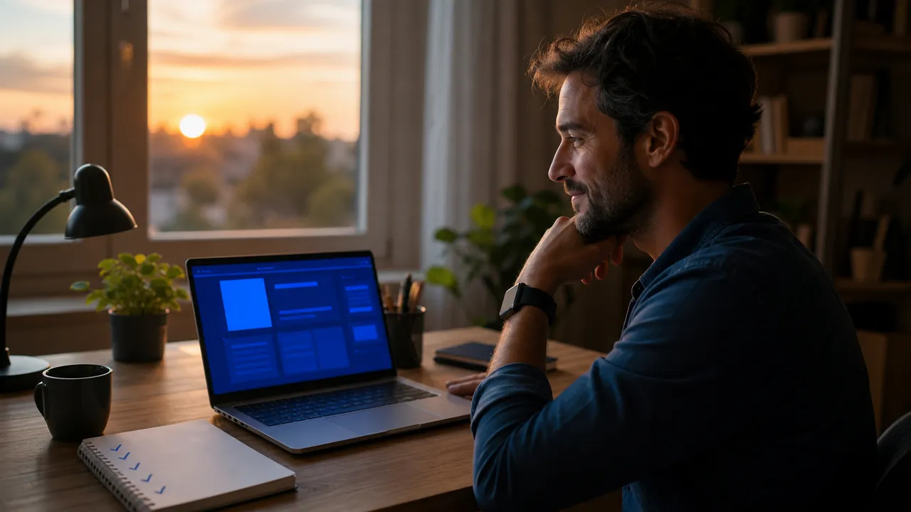 Creator calmly reviewing a completed digital project in a modest home workspace