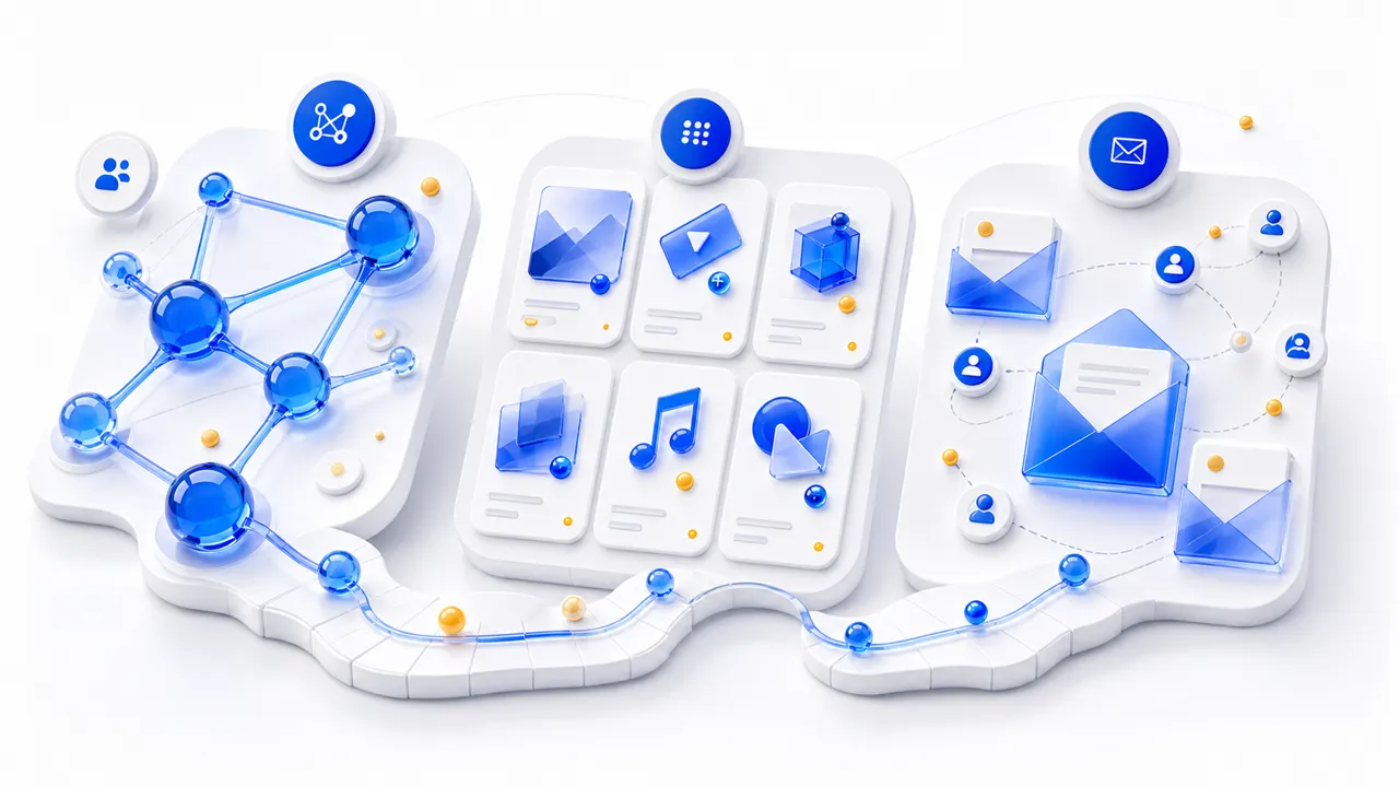 Abstract illustration of affiliate links, digital marketplace products and an email community